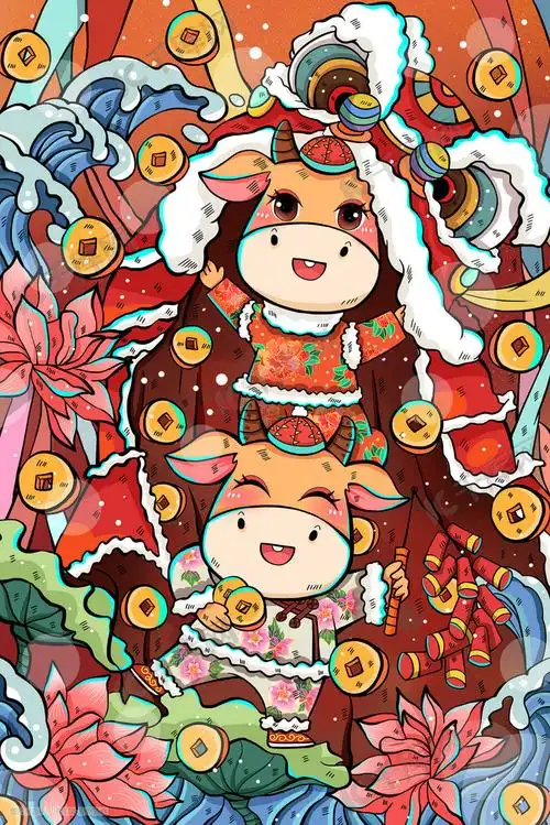 新年春节2021牛年舞狮插画