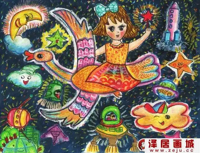 科技梦想画《遨游太空》10岁小学生科幻画作品