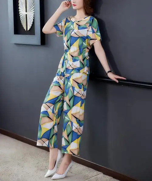 件套时尚阔腿七分上衣印花棉绸短袖外穿两洋气时尚套装