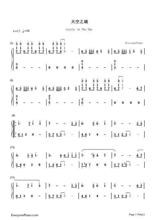 天空之城c调完美简单版双手简谱预览1