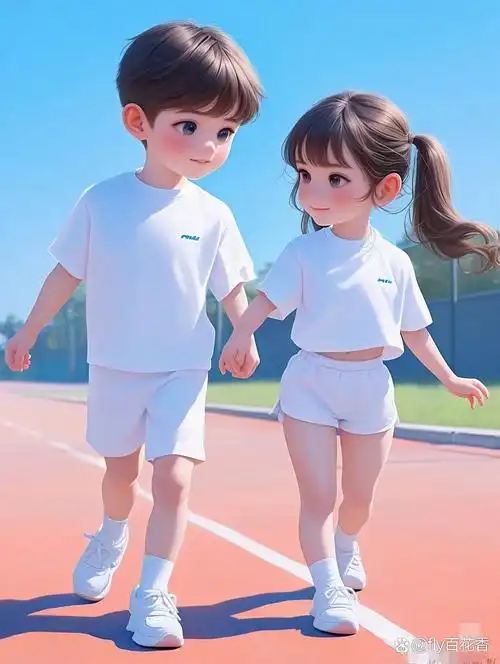 左边的小男孩和右边的小女孩,都穿着白色的运动装,好像两只可爱的小