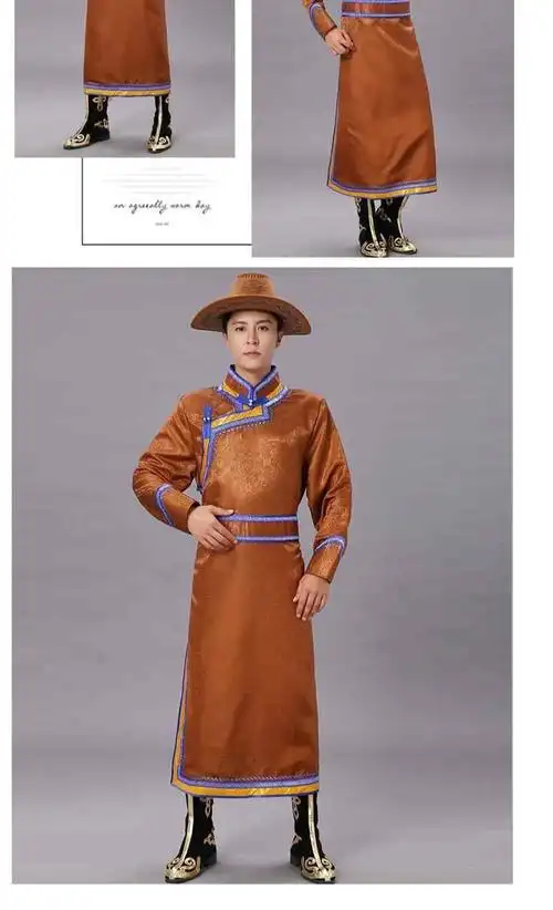 蒙古服装男士蒙古袍长款传统蒙族男装少数民族舞台表演服银灰s建议100