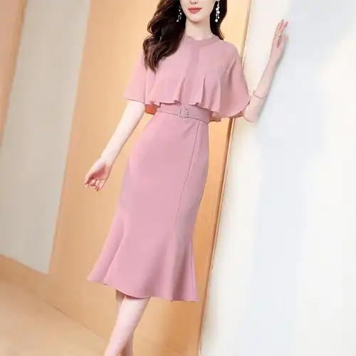 2021年夏季新款荷叶袖连衣裙高端女装气质名媛收腰粉色包臀鱼尾裙领