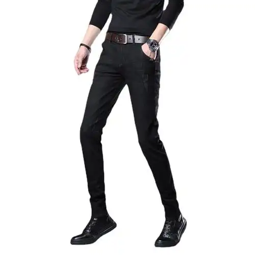 ceba品质纯黑色男士修身牛仔裤男青年韩版紧身显廋微哈小脚裤男