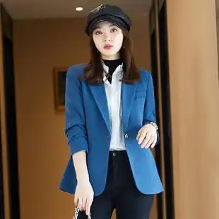 蓝色西装外套女2021春秋新款高级感气质时尚休闲小个子西服女上衣