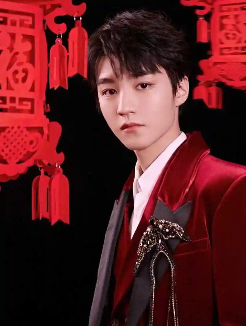 王俊凯身穿红色丝绒西服套装搭配燕子钻石胸针高级感十足.