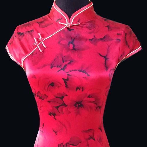 女士夏季高领真丝改良版酒红色短款旗袍修身印花连衣裙断码特价