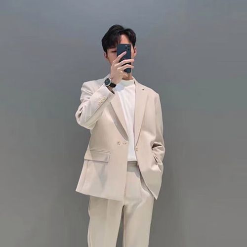 西装外套男潮流三件套休闲西服 卡其西服 【高质量】 s 拍含有鞋子的