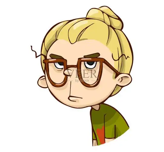 有趣的不快乐的脸卡通女孩.矢量孤立表情符号手绘制的贴纸.