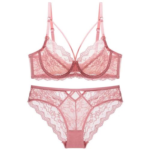 笙冉雷丝内衣透明性感胸罩法式文胸套装粉色蕾丝聚拢薄款透明大码