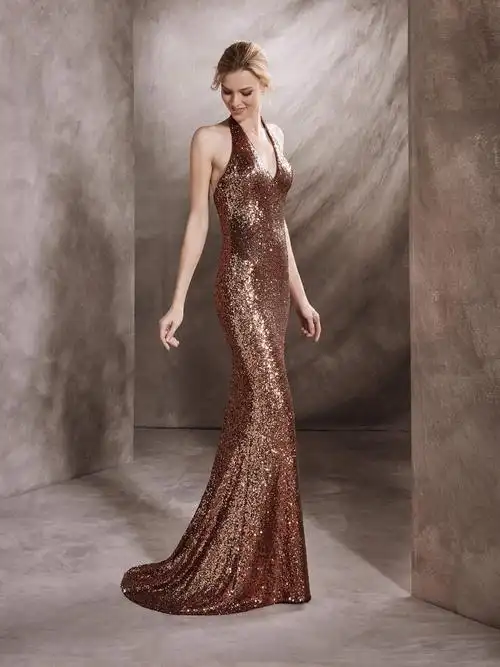 亚马逊年会晚礼服女长款无袖外贸女装亚马逊性感深v亮片连衣裙女