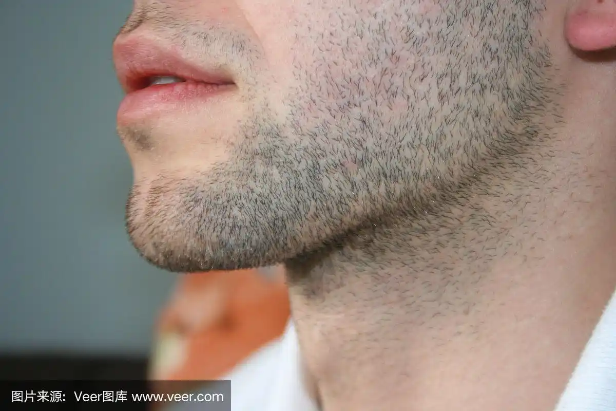 他下巴上留了几天胡子.从侧面拍摄的微距照片.