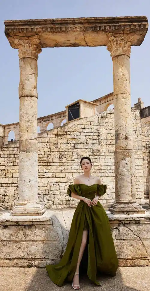 董璇绿鎏光风,绿色抹胸裙高级感十足,大气减龄_连衣裙_好身材_时尚