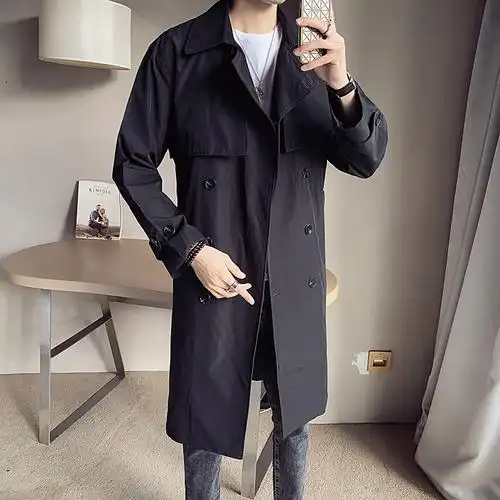 newlake风衣男中长款秋冬英伦外套青年卡其色披风过膝双排扣大衣潮牌