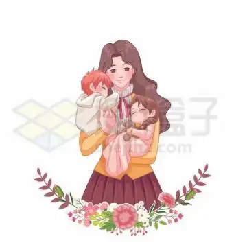 卡通妈妈抱着儿子和女儿母亲节插画7097235矢量图片免抠素材