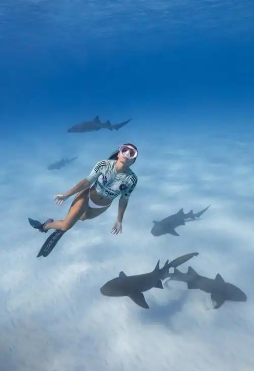 女潜水员为迈阿密国际特别球衣拍宣传片,在水下与鲨鱼共舞_腾讯新闻