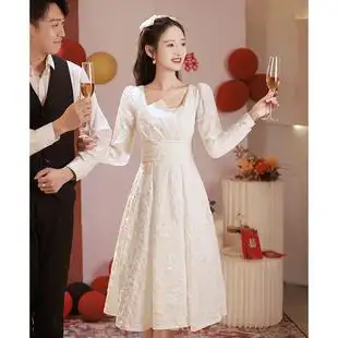 白色小晚礼服女秋冬长袖领证登记白裙法式订婚连衣裙平时可穿冬季