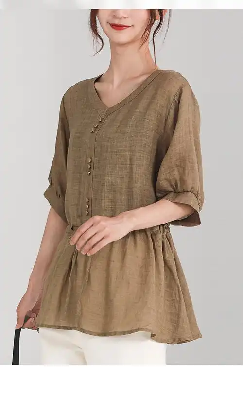 【100%苎麻】设计感棉麻上衣短袖t恤女秋透气亲肤民族风衬衣