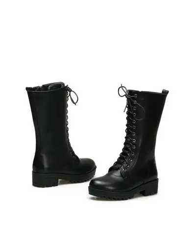 牛皮绑带平底帅气中性风格长筒军靴黑色