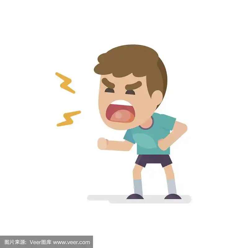 可爱的小男孩发疯生气的打闹表情,矢量插图.