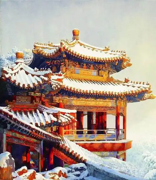 画师banana——水彩故宫水彩手绘故宫古风红墙1-5图水彩故宫…水彩画