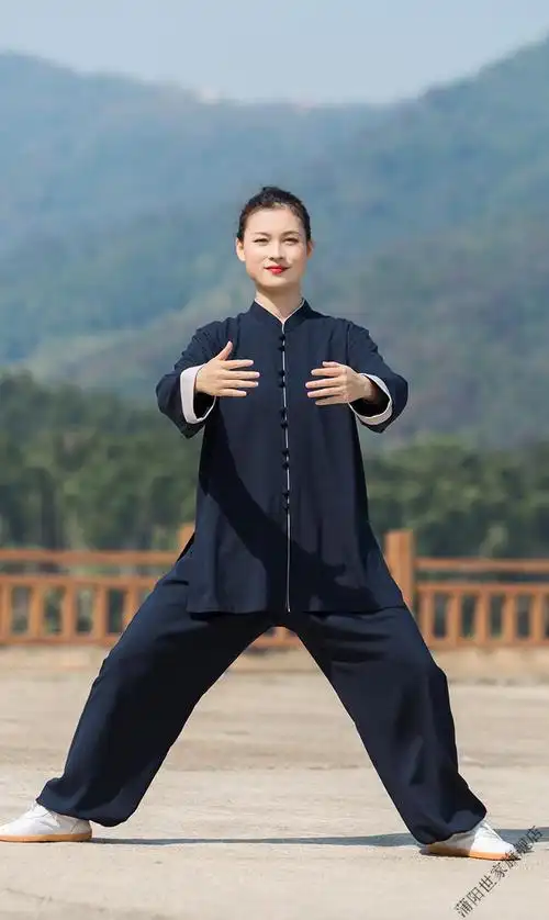 棉麻太极服女2021新款飘逸高端太极拳武术练功服男装春秋冬藏蓝小扣翻