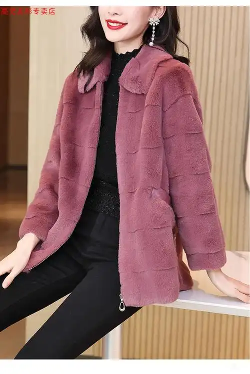 水貂绒外衣女冬2021新款大牌皮毛一体外套宽松阔太太皮草大衣豆沙色s