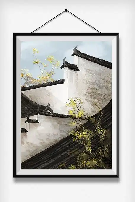 中国风水墨江南水乡马头墙插画