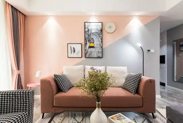 粉色调色灰色调组成的背景墙和沙发为客厅增加一处亮点