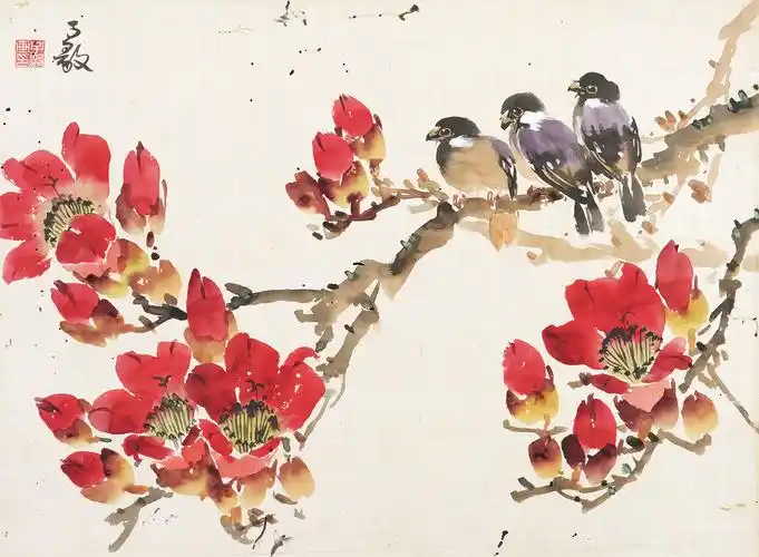 1007木棉小雀镜心绢本