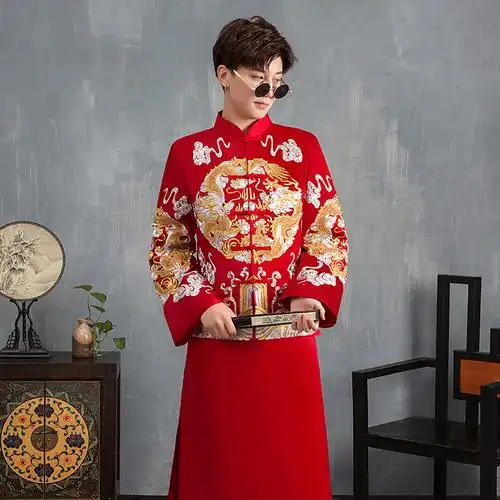 秀禾男装中式结婚结婚礼礼服唐装男士新郎男款旗袍