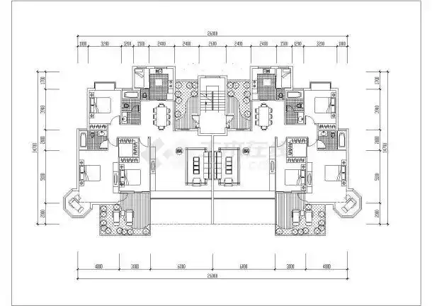 宁波市洲际花园小区6层砖混结构两户双拼式住宅楼平面设计cad图纸