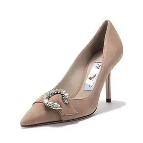 女士水钻石扣饰绒面革羊皮垫尖头高跟鞋子秋季大码鞋新款欧美女鞋