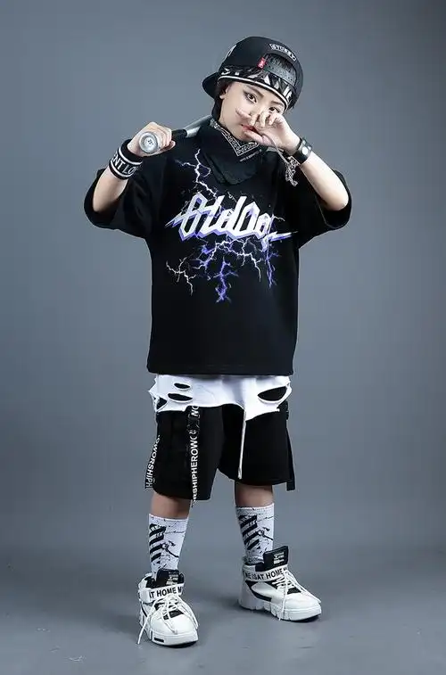 帅气小男孩小学生穿的男童街舞服装儿童套装短袖2022夏季新款嘻哈炸街