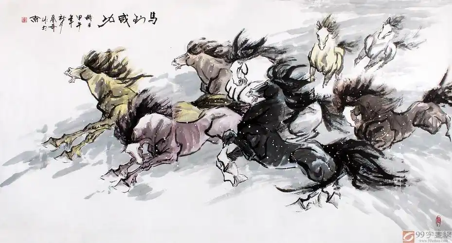 已售北京美协张春奇六尺八骏图马到成功