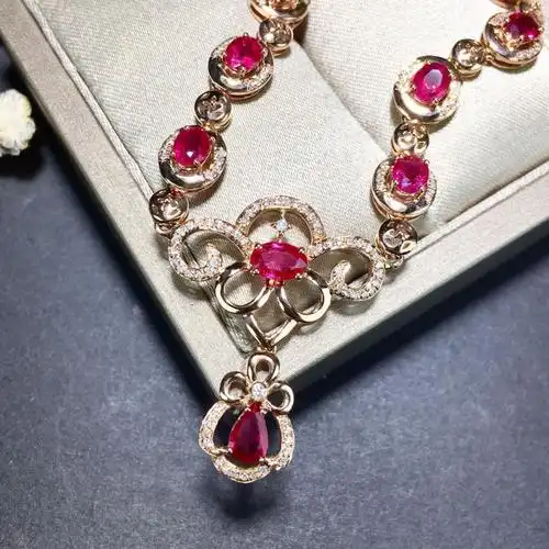 18k金镶天然红宝石项链