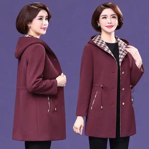 中老年女装春秋外套新款妈妈装风衣大码中长款连帽女休闲宽松上衣