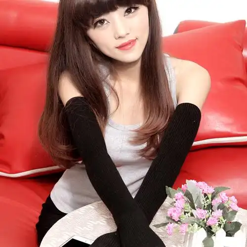 女式50cm有指洞针织长手套护腕护手无指洞保暖漏指羊毛长手套