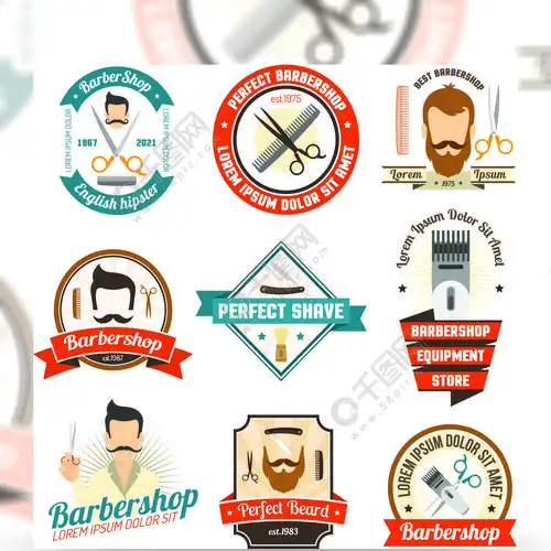 理发师店的标志理发店的集合原始颜色标志会徽或徽标与白色背景孤立的