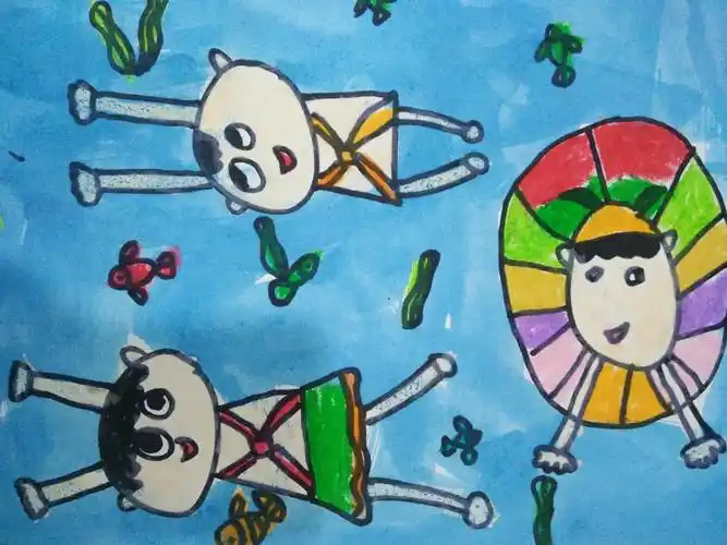 3.油画棒水粉脱色画《游泳》