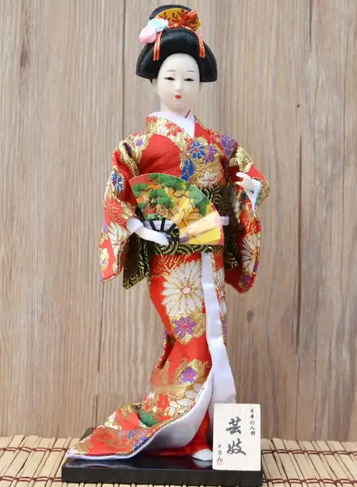 日本艺人偶12寸人形手工绢人和服娃娃木偶工艺品日料店装饰摆件 红色