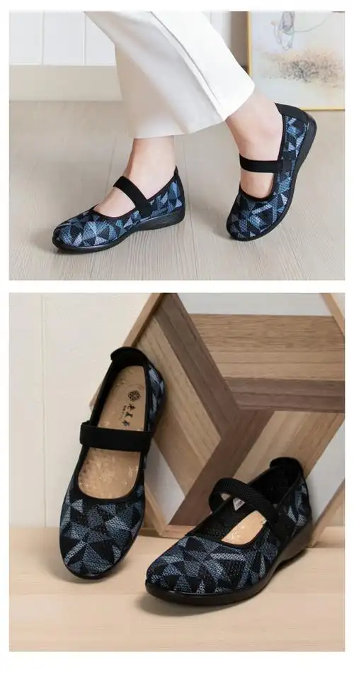 老美华布鞋网面女鞋夏季新款一字带妈妈鞋 红色小花面料(222201020)