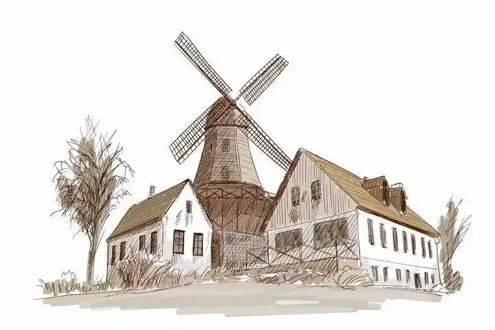 彩绘素描风格乡村大风车风景图png图片免抠矢量素材