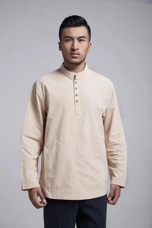 秋络 原创现货 纯棉粗布长袖中青年唐装男式衬衫春秋套头衫14354