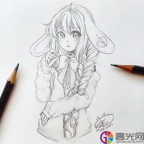 动漫人物铅笔画手绘,可爱的人物黑白画线稿