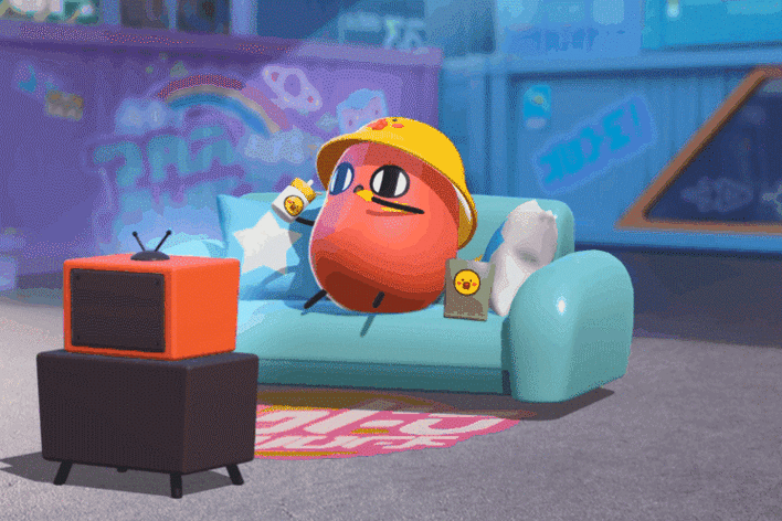 黑色粉扑眼满怀期待,脸颊的z字形黄色腮红和头顶的小黄帽渔夫帽让它