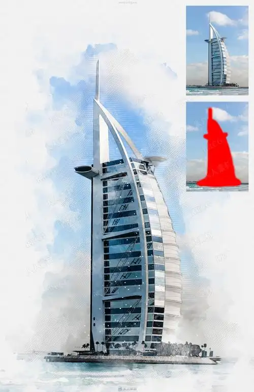 写实建筑物水彩画效果背景虚化艺术图像处理特效ps动作