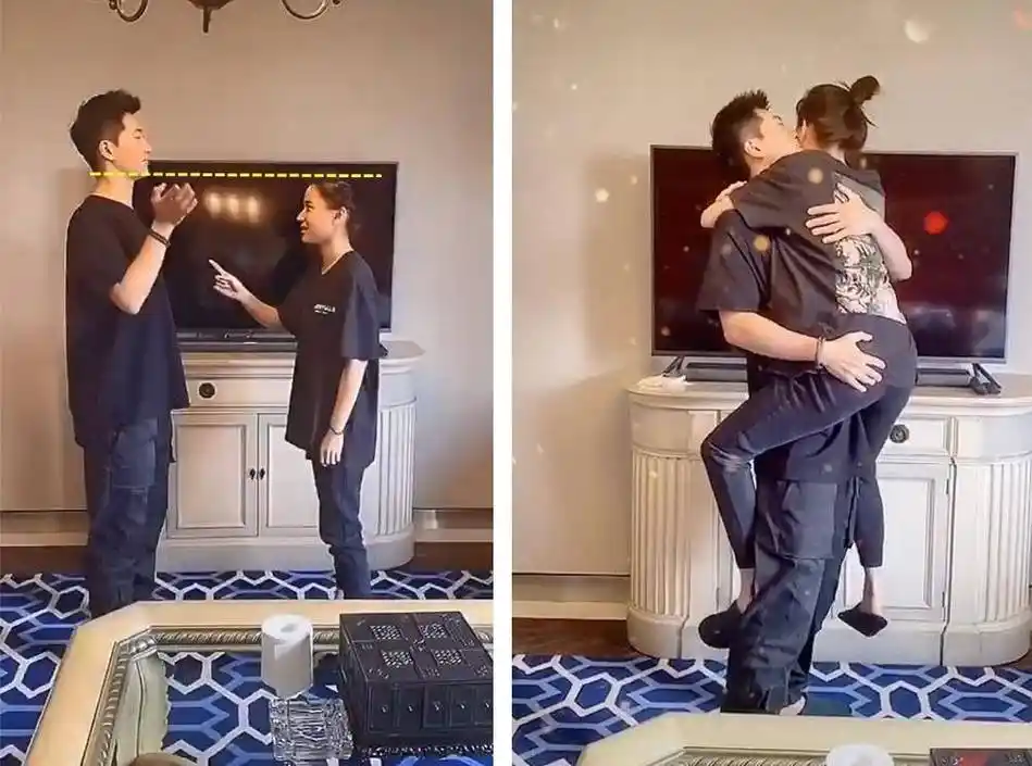 俩人不仅穿了黑色情侣装,而且还表演了个高难度的反手抱.