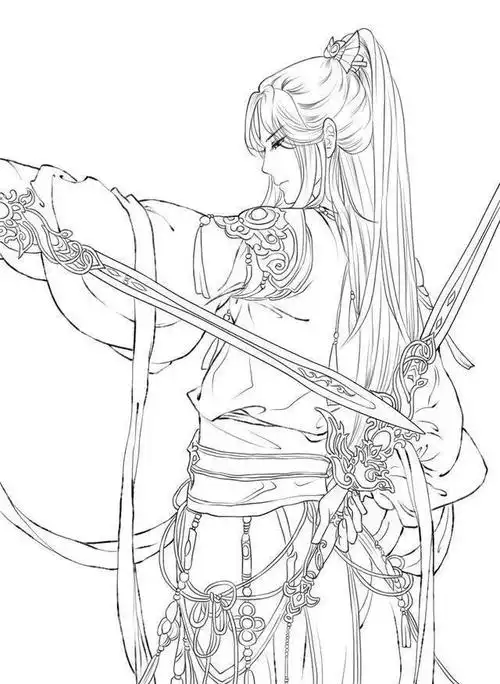 黑白线稿古风人物帅哥美男白描线稿