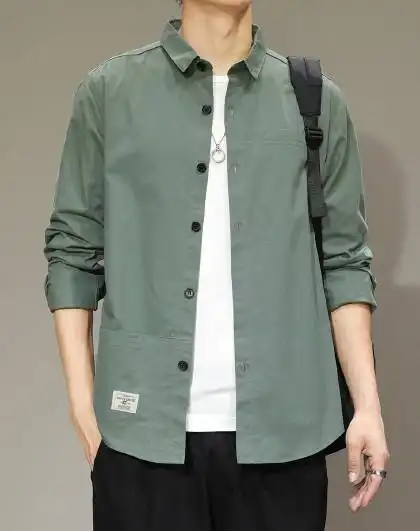 春夏翻领时尚宽松男士格子衬衫七分袖寸衣舒适上装休闲衬衫男